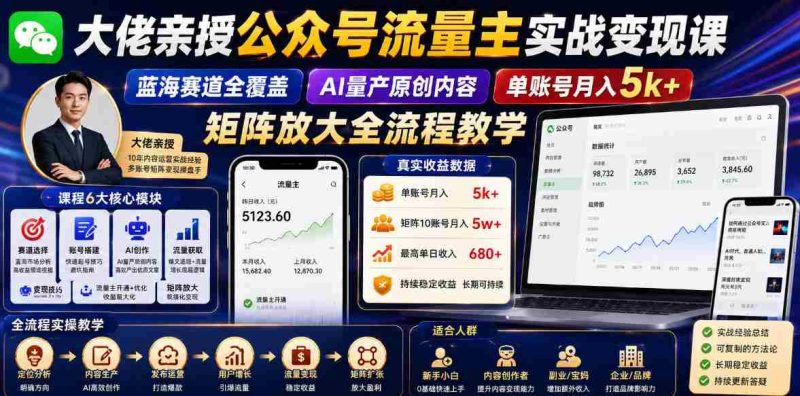 大佬亲授公众号流量主实战变现课,蓝海赛道全覆盖,AI量产原创内容,单账号月入5k+矩阵放大全流程教学-有道网创