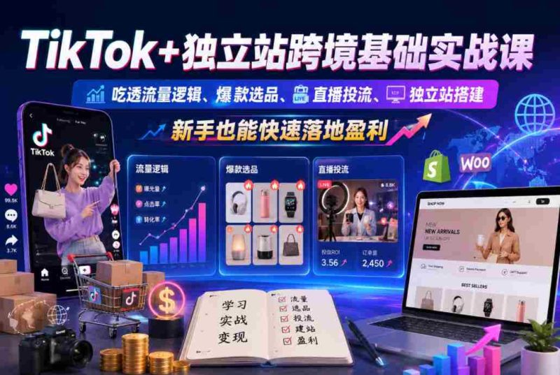 TikTok+独立站跨境基础实战课,吃透流量逻辑、爆款选品、直播投流与独立站搭建,新手也能快速落地盈利-有道网创