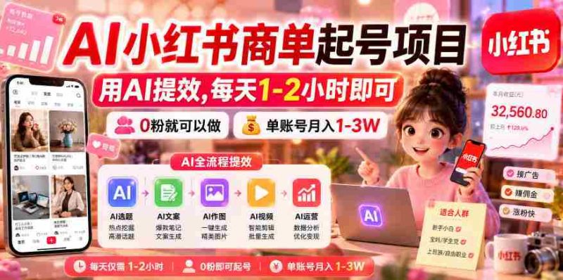 AI小红书商单起号项目,用AI提效,每天1-2小时即可,0粉就可以做,单账号月入1-3W-有道网创