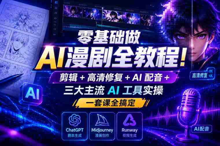 零基础做AI漫剧全教程！剪辑+高清修复+AI配音+三大主流AI工具实操，一套课全搞定-有道网创