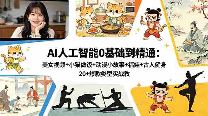 （18685期）AI人工智能0基础到精通：美女视频+小猫做饭+动漫小故事+福娃+古人健身，20+爆款类型实战教学-有道网创