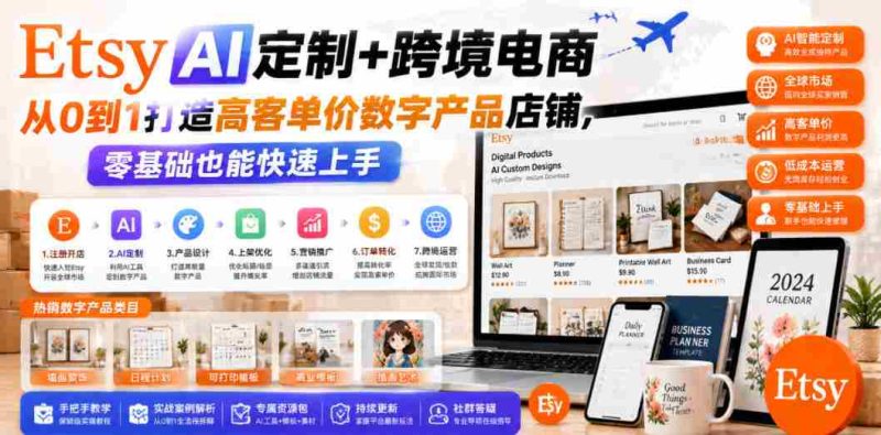 Etsy AI定制+跨境电商,从0到1打造高客单价数字产品店铺,零基础也能快速上手-有道网创