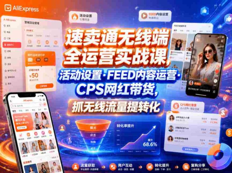 速卖通无线端全运营实战课，活动设置・FEED内容运营・CPS网红带货，抓无线流量提转化-有道网创
