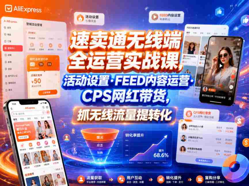 速卖通无线端全运营实战课，活动设置・FEED内容运营・CPS网红带货，抓无线流量提转化-有道网创