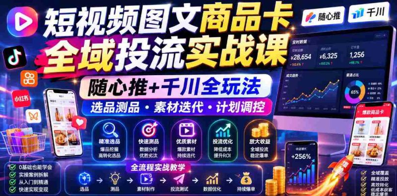 短视频图文商品卡全域投流实战课,随心推+千川全玩法,选品测品・素材迭代・计划调控,提升ROI爆单增收教程-有道网创