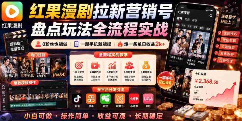 红果漫剧拉新营销号盘点玩法全流程实战,0粉丝也能做,一部手机就能做,爆一条单日收益2k+-有道网创