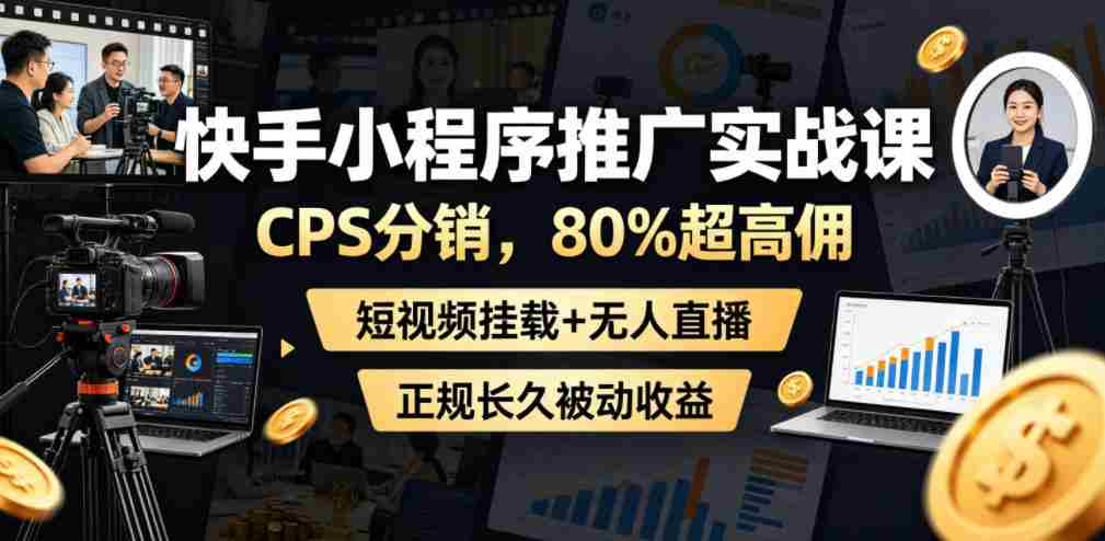 快手小程序推广实战课,CPS分销,80%超高佣,短视频挂载+无人直播,正规长久被动收益