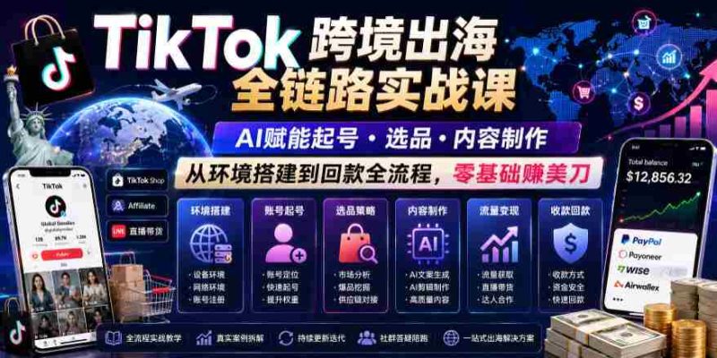 TikTok跨境出海全链路实战课,AI赋能起号・选品・内容制作,从环境搭建到回款全流程,零基础賺美刀-有道网创