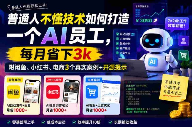 普通人不懂技术如何打造一个AI员工,每月省下3k,附闲鱼、小红书、电商3个真实案例+开源提示【文档】-有道网创
