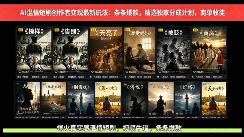 (18748期)AI温情短剧创作者变现最新玩法:视频牛逼,条条爆款,精选独家分成计划,商单收徒-有道网创
