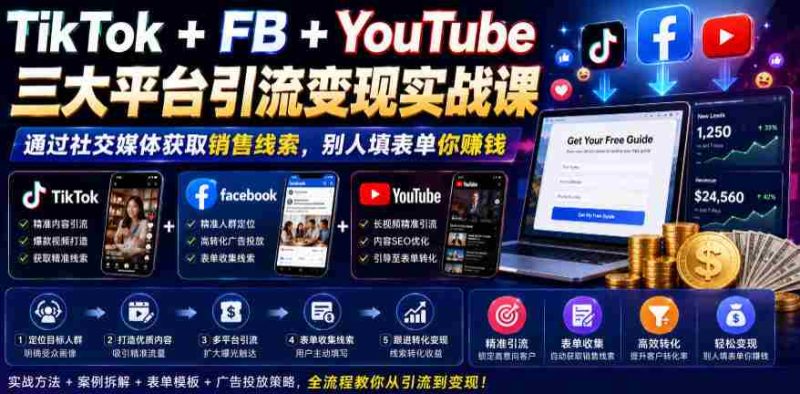 TikTok+FB+YouTube三大平台引流变现实战课,通过社交媒体获取销售线索,别人填表单你賺钱【原创双语字幕】-有道网创