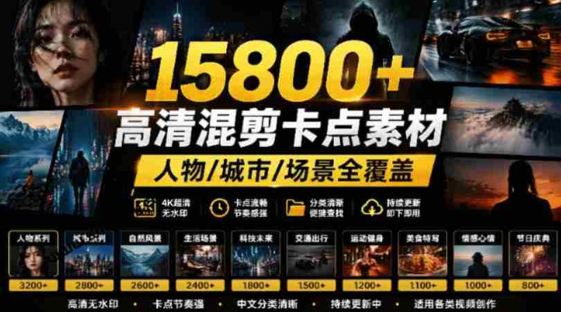 【影视剪辑素材合集】15800+高清混剪卡点|热门影视精彩片段|人物/城市/场景全覆盖,中文分类清晰-有道网创