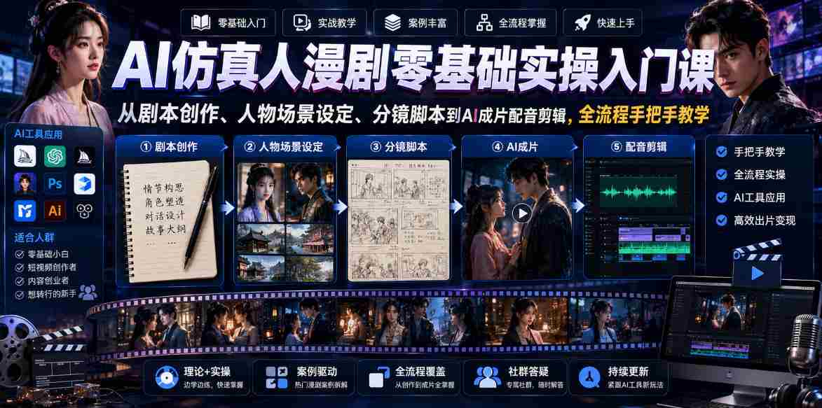 AI仿真人漫剧零基础实操入门课，从剧本创作、人物场景设定、分镜脚本到AI成片配音剪辑，全流程手把手教学-有道网创