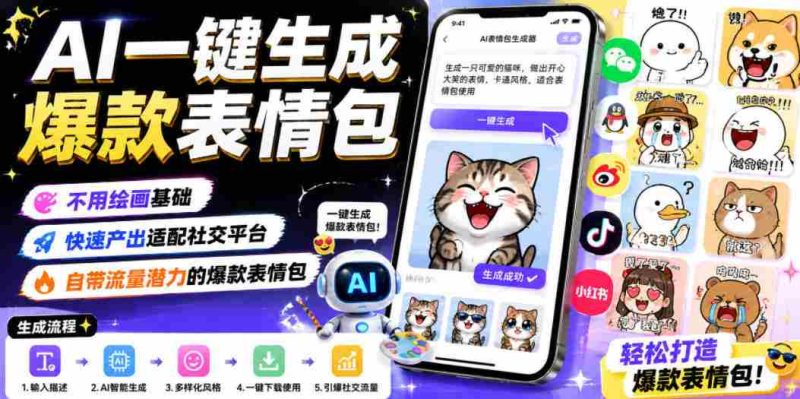 AI一键生成爆款表情包,不用绘画基础,快速产出适配社交平台,自带流量潜力的爆款表情包-有道网创
