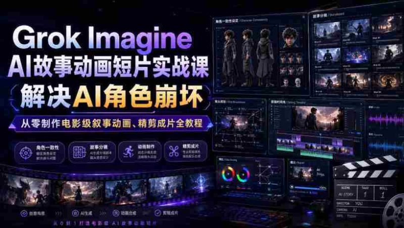 Grok Imagine AI故事动画短片实战课|解决AI角色崩坏,从零制作电影级叙事动画、精剪成片全教程(中英字幕)-有道网创