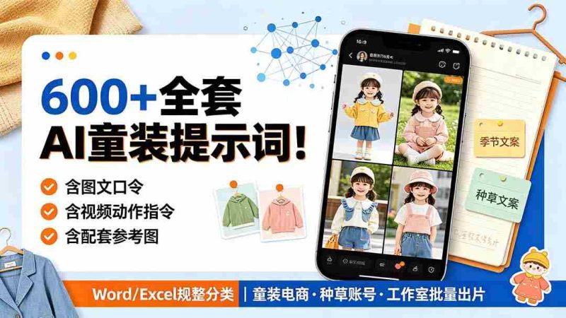 (19302期)600+全套AI童装提示词!含图文口令+视频动作指令+配套参考图,Word/Excel规整分类,童装电商、种草无脑量产内容-有道网创