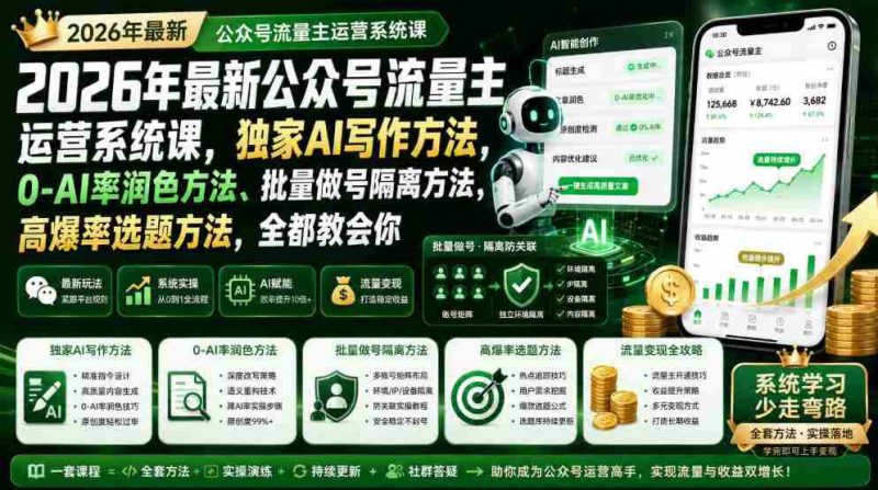 2026年最新公众号流量主运营系统课,独家AI写作方法,0-AI率润色方法、批量做号隔离方法、高爆率选题方法,全都教会你-有道网创