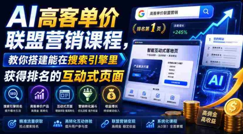 AI高客单价联盟营销课程,教你搭建能在搜索引擎里获得排名的互动式页面,引来流量,把访客转化为高佣金的成交【原创双语字幕】-有道网创