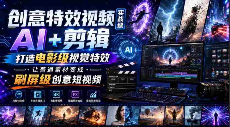创意特效视频实战课,AI+剪辑打造电影级视觉特效,让普通素材变成刷屏级创意短视频-有道网创