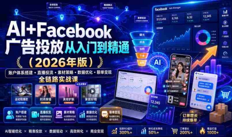AI+Facebook广告投放从入门到精通(2026年版)|账户体系搭建・直播投流・素材策略・数据优化・聊单变现全链路实战课-有道网创