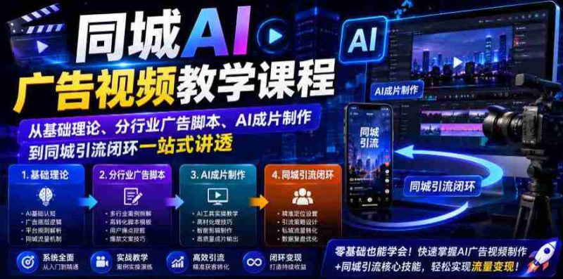 同城AI广告视频教学课程,从基础理论、分行业广告脚本、AI成片制作到同城引流闭环一站式讲透-有道网创