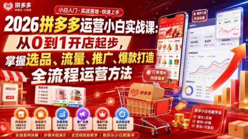 2026拼多多运营小白实战课:从0到1开店起步,掌握选品、流量、推广、爆款打造全流程运营方法-有道网创