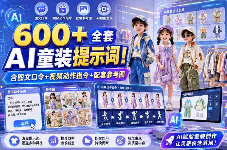 600+全套AI童装提示词!含图文口令+视频动作指令+配套参考图,Word-Excel规整分类,童装电商、种草无脑量产内容!-有道网创