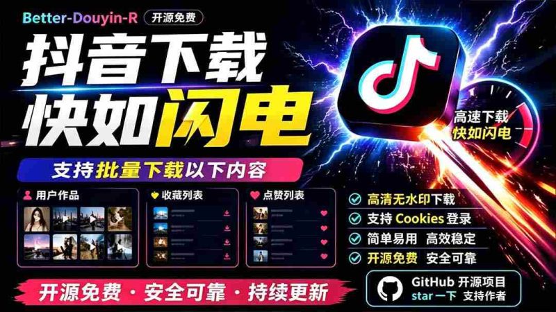 (19445期)别再乱找了!D音下载快如闪电,支持批量下载用户作品收藏列表和点赞列表,开源免费 Better-douyin-R-有道网创