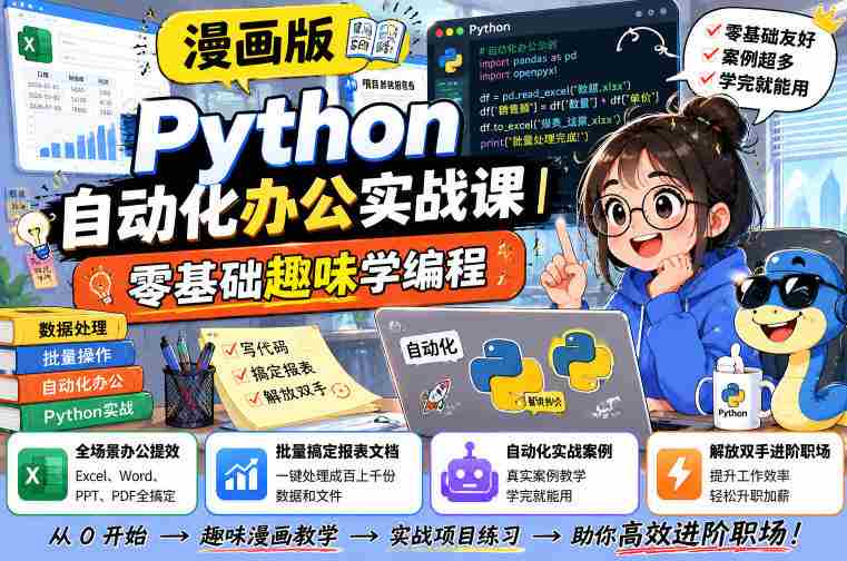 漫画版Python自动化办公实战课|零基础趣味学编程,全场景办公提效、批量搞定报表文档、解放双手进阶职场-有道网创
