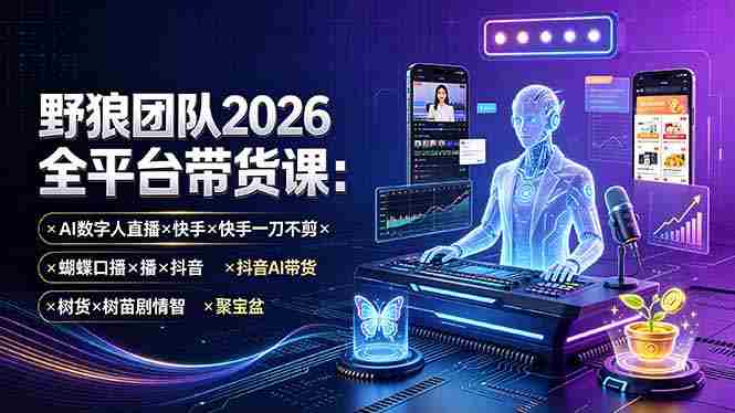 (19511期)野狼团队2026全平台带货课-7月:AI数字人直播×快手一刀不剪×蝴蝶口播×抖音AI带货×树苗剧情智剪×聚宝盆-有道网创