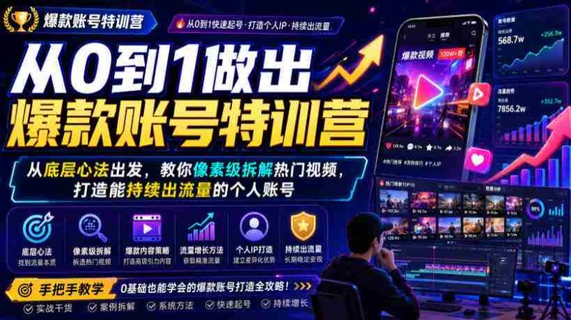 从0到1做出爆款账号特训营,从底层心法出发,教你像素级拆解热门视频,打造能持续出流量的个人账号-有道网创