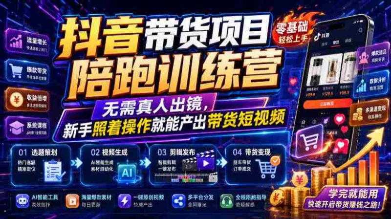 抖音带货项目陪跑训练营,无需真人出镜,新手照着操作就能产出带货短视频-有道网创