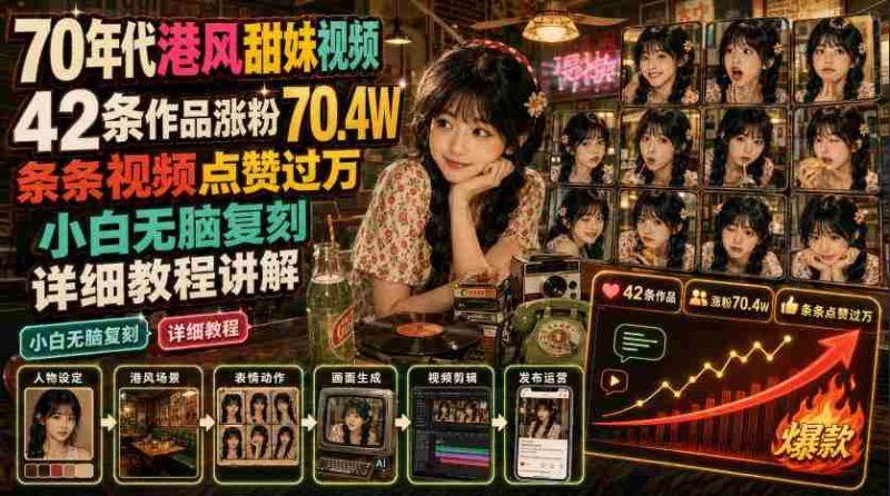 70年代港风甜妹视频,42条作品涨粉70.4W,条条视频点赞过万,小白无脑复刻,详细教程讲解-有道网创