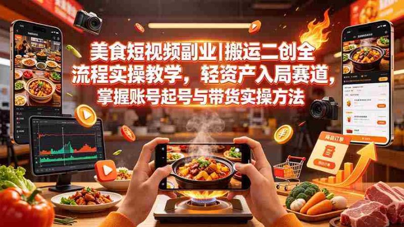 （19535期）美食短视频副业｜搬运二创全流程实操教学，轻资产入局赛道，掌握账号起号与带货实操方法-有道网创