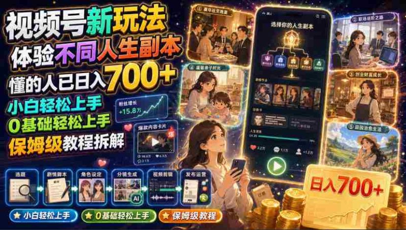 视频号新玩法体验不同人生副本,懂的人已日入700+,小白轻松上手,0基础轻松上手,保姆级教程拆解-有道网创