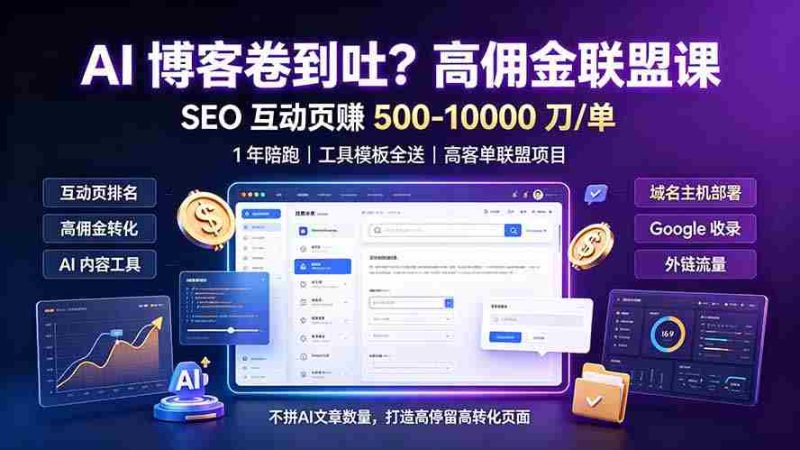 (19390期)AI 博客卷到吐?高佣金联盟课:SEO 互动页赚 500-10000 刀 单,1 年陪跑 + 工具模板全送-有道网创