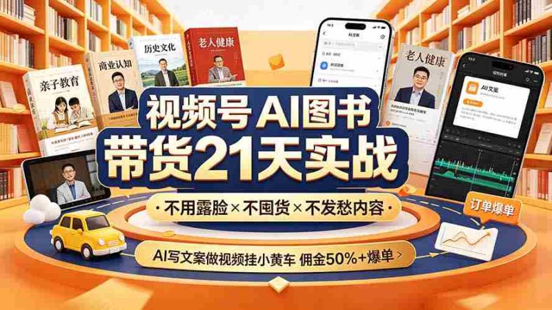 (19476期)视频号AI图书带货21天实战:不用露脸×不囤货×不发愁内容,AI写文案做视频挂小黄车,佣金50%+爆单-有道网创