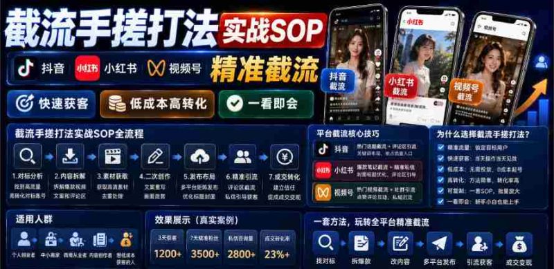 截流手搓打法实战SOP,抖音小红书视频号精准截流,快速获客,低成本高转化,一看即会-有道网创