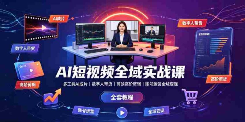 AI短视频全域实战课|多工具AI成片、数字人带货、剪映高阶剪辑、账号运营全域变现全套教程-有道网创