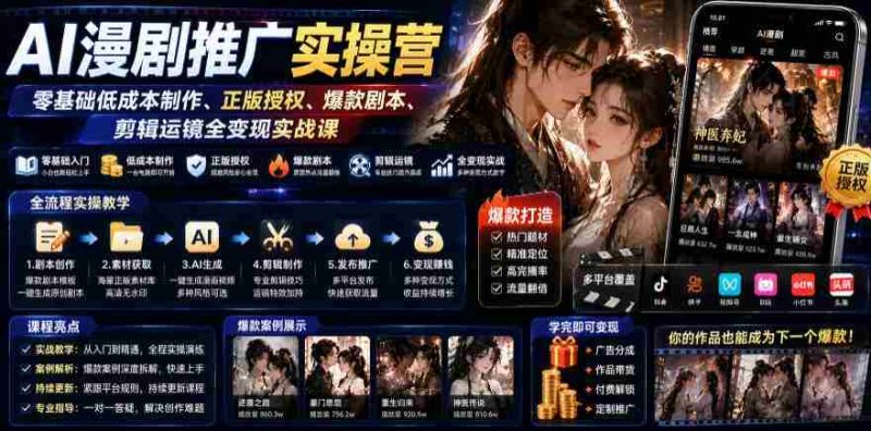 AI漫剧推广实操营|零基础低成本制作、正版授权、爆款剧本、剪辑运镜全变现实战课-有道网创
