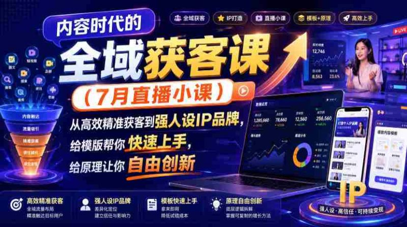 内容时代的全域获客课(7月直播小课),从高效精准获客到强人设IP品牌,给模版帮你快速上手,给原理让你自由创新-有道网创