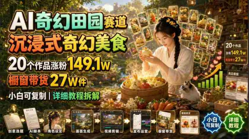 AI奇幻田园赛道,沉浸式奇幻美食,20个作品涨粉149.1W,橱窗带货27W件,小白可复制,详细教程拆解-有道网创