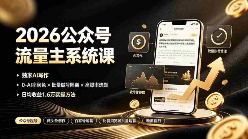(19405期)2026公众号流量主系统课:独家AI写作×0-AI率润色×批量做号隔离×高爆率选题,日均收益1.6万实操方法-有道网创