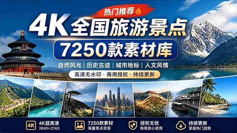 (19309期)热门全国旅游风景素材!4K全国旅游景点素材库,7250款素材,旅行达人城市航拍风景风光高清短视频-有道网创