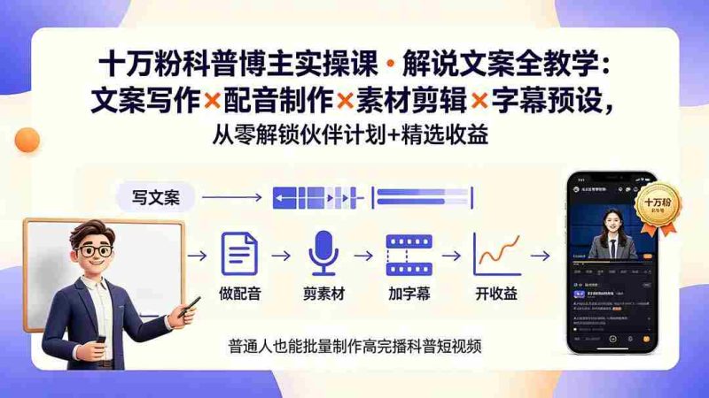 (19275期)10万粉科普博主实操课-解说文案全教学:文案写作×配音制作×素材剪辑×字幕预设,从零解锁伙伴计划+精选收益-有道网创