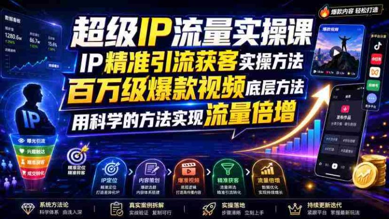 超级IP流量实操课,IP精准引流获客实操方法,百万级爆款视频底层方法,用科学的方法实现流量倍增-有道网创