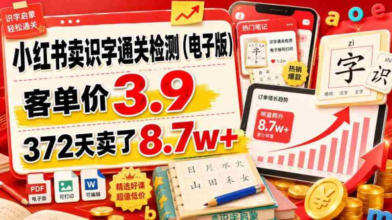 小红书卖识字通关检测(电子版),客单价3.9,372天卖了8.7w+-有道网创