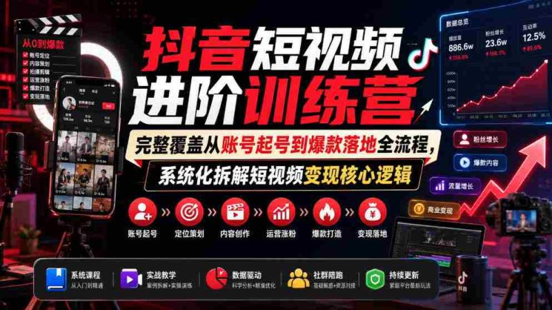 抖音短视频进阶训练营,完整覆盖从账号起号到爆款落地全流程,系统化拆解短视频变现核心逻辑-有道网创