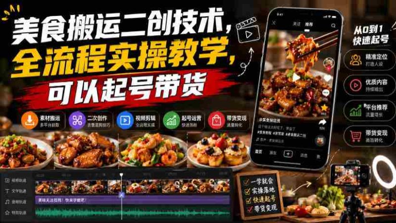 美食搬运二创技术,全流程实操教学,可以起号带货-有道网创
