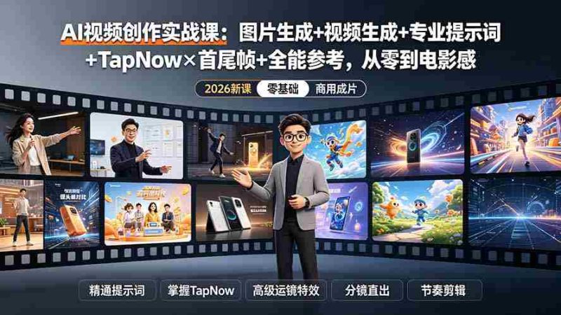 (19383期)AI视频创作实战课:图片生成+视频生成+专业提示词+TapNow×首尾帧+全能参考,从零到电影感成片-有道网创